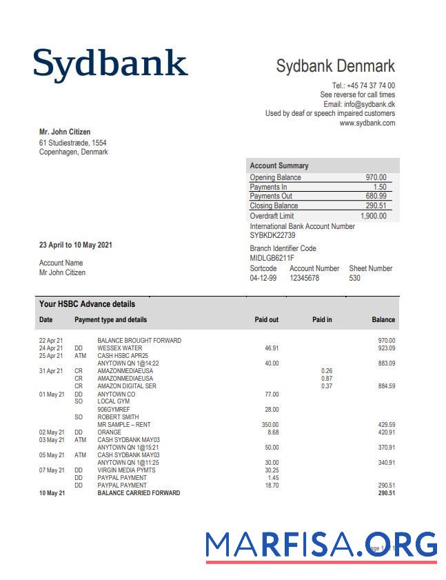 Blank Denmark Sydbank bank statement word sample